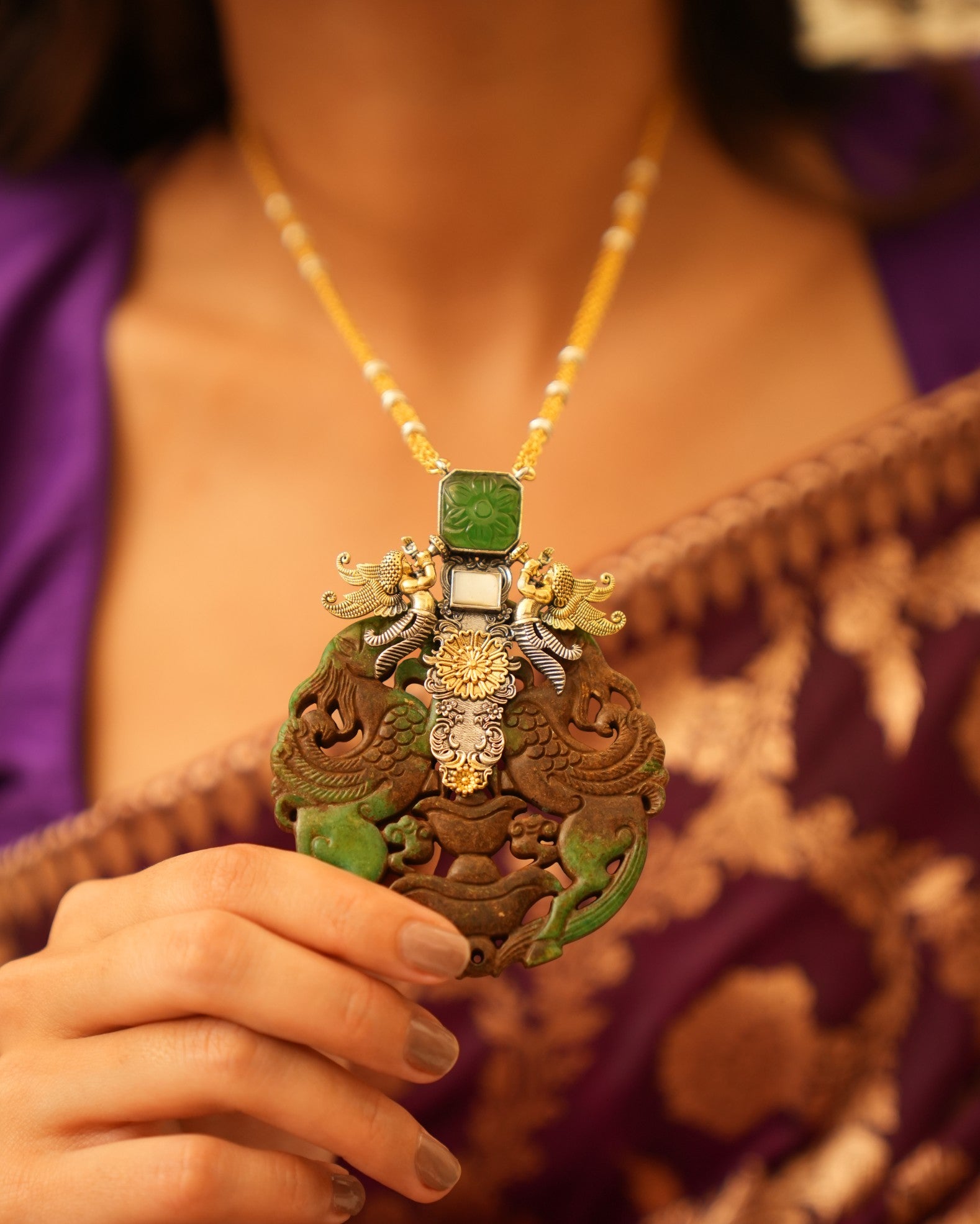 Statement Long Silver Pendant with Carved Stone Centerpiece – Bold Elegance